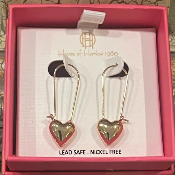 House of‎ Harlow 1960 Shiny Gold Toned Heart Hoop Earrings - Picture 2 of 3